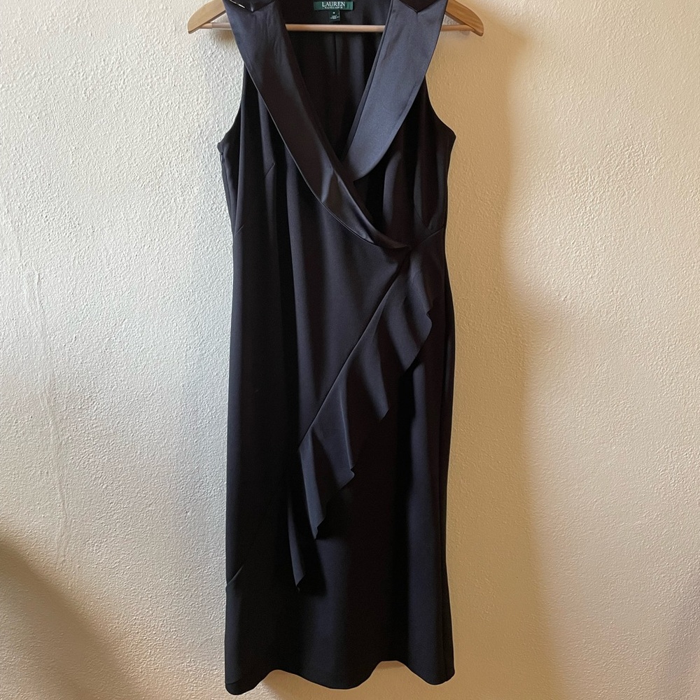 RALPH LAUREN: Black Tuxedo Ruffled Midi Dress, Size 8.